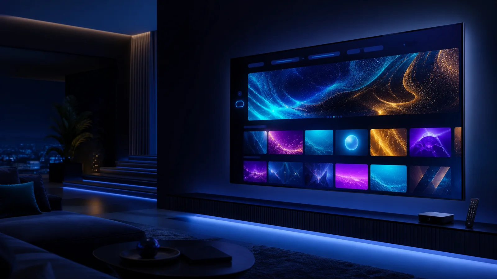 Original midnight-blue home cinema displaying an abstract 4K media library